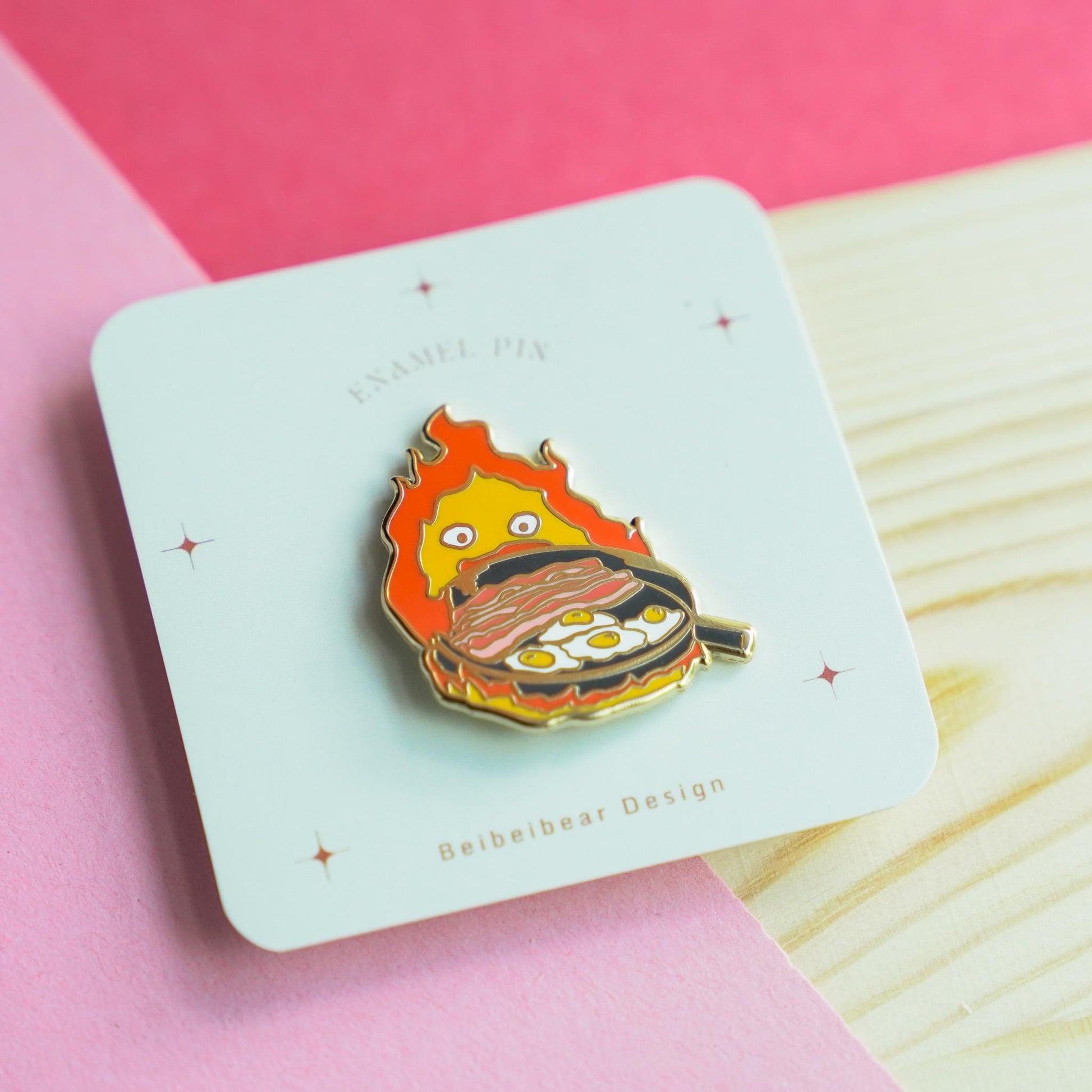 Calcifer Pin, Howl's Moving Castle Accessory, Calcifer with Bacon Egg Pan Hard Enamel Pin