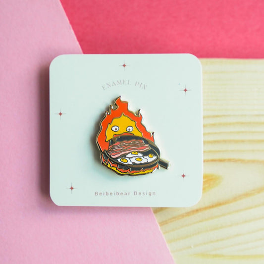 Calcifer Pin, Howl's Moving Castle Accessory, Calcifer with Bacon Egg Pan Hard Enamel Pin