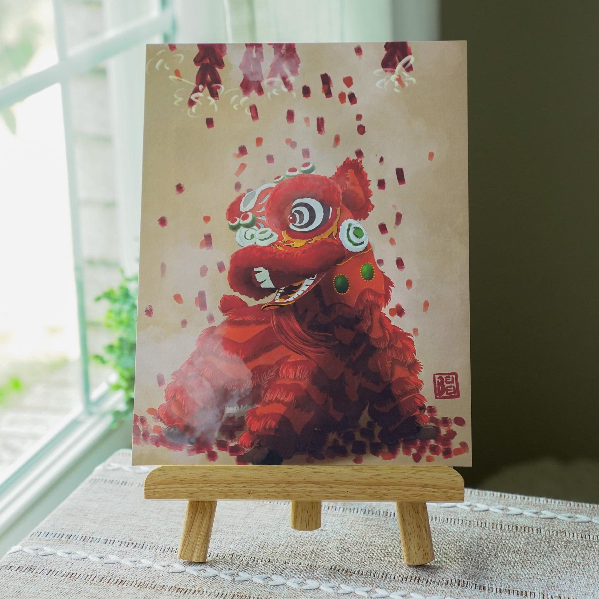 Lion Dance Art Print, Red Lion Firecrackers, Chinese Lion Dance Wall Art, Awakening Lion Art, Chinese Art, Chinese Lunar New Year Wall Art