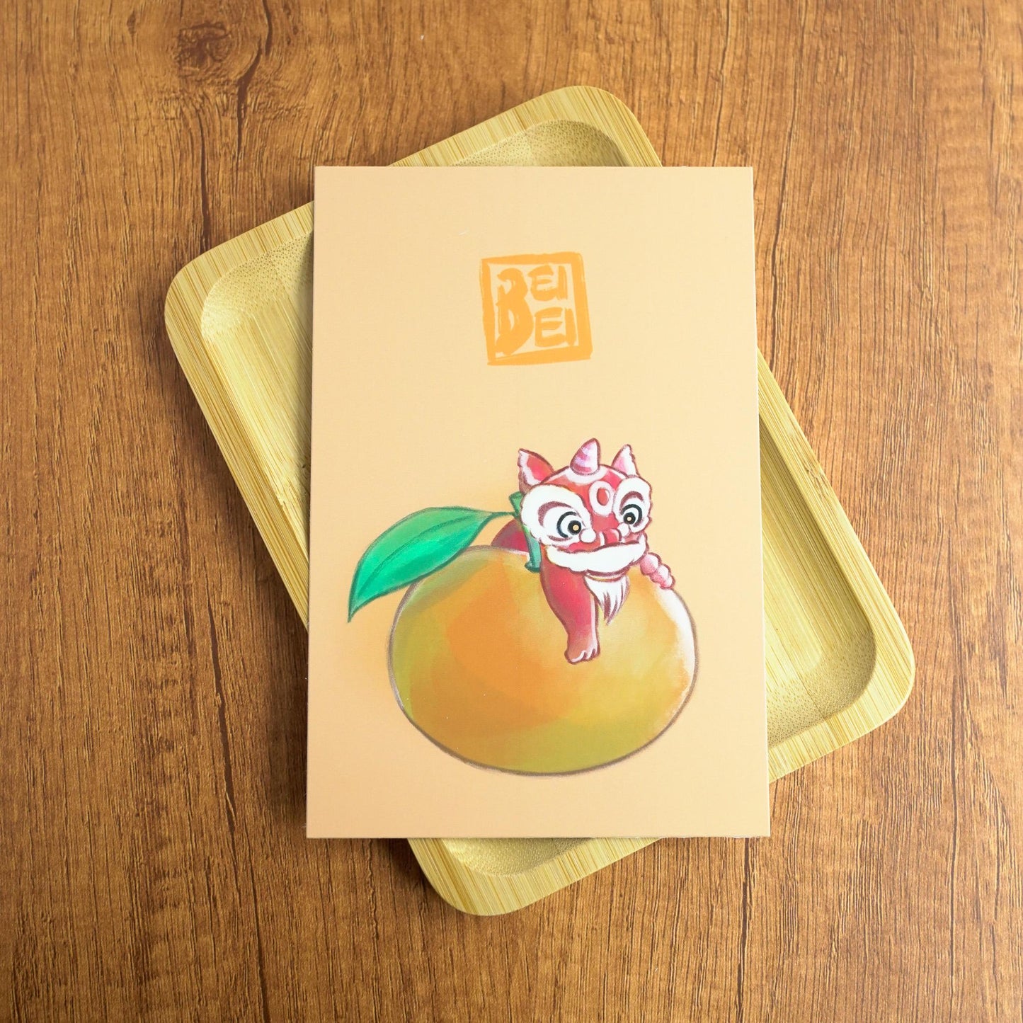 Orange Lion Postcard, Chinese Lion Dance Art, Awakening Lion Postcard, Chinese Art, Chinese Lunar New Year Postcard