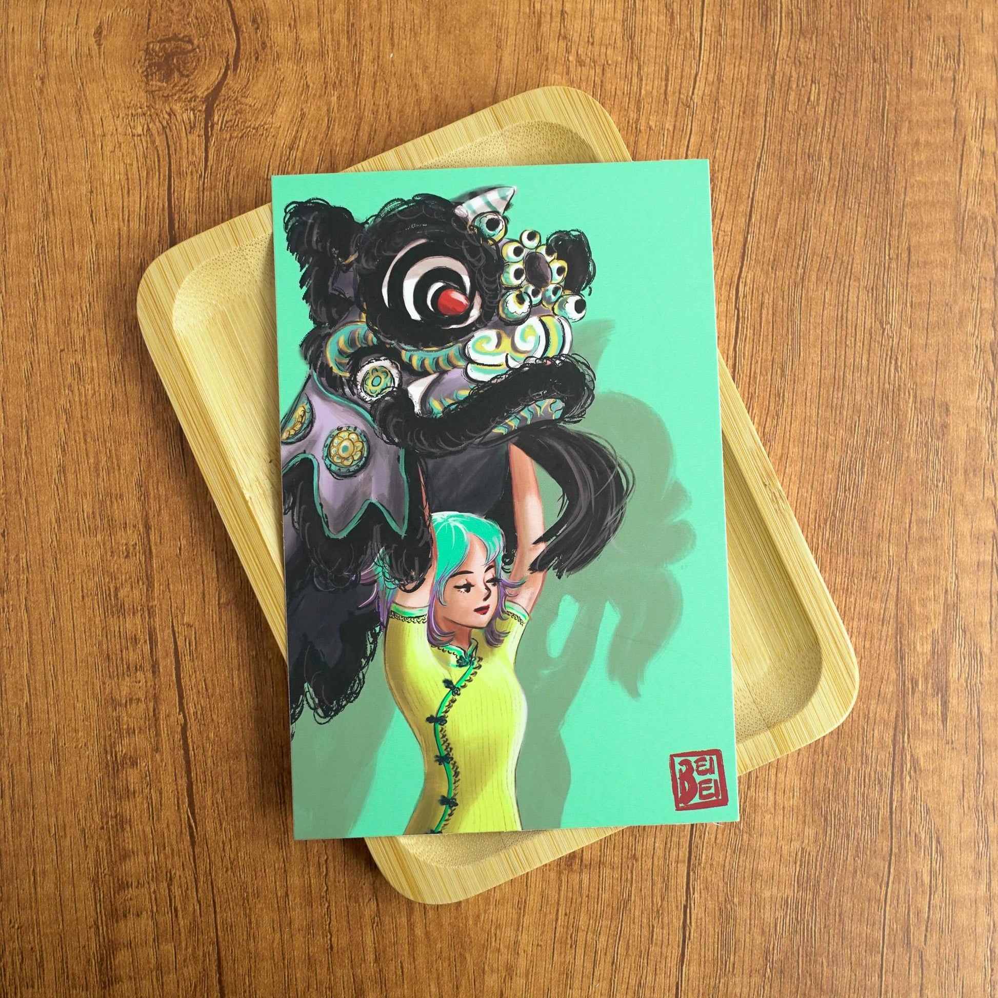 Lion Dance Postcard, Chinese Lion Postcard/Small Print, Lion Dance Girl, Lunar New Year Greeting Card, Chinese Lucky Lion