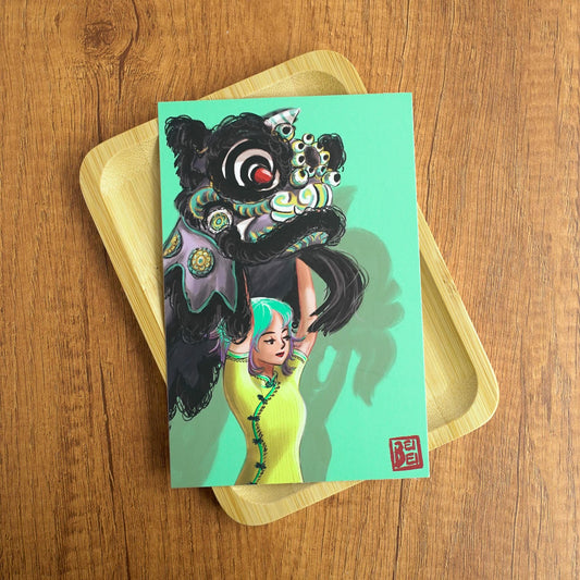 Lion Dance Postcard, Chinese Lion Postcard/Small Print, Lion Dance Girl, Lunar New Year Greeting Card, Chinese Lucky Lion