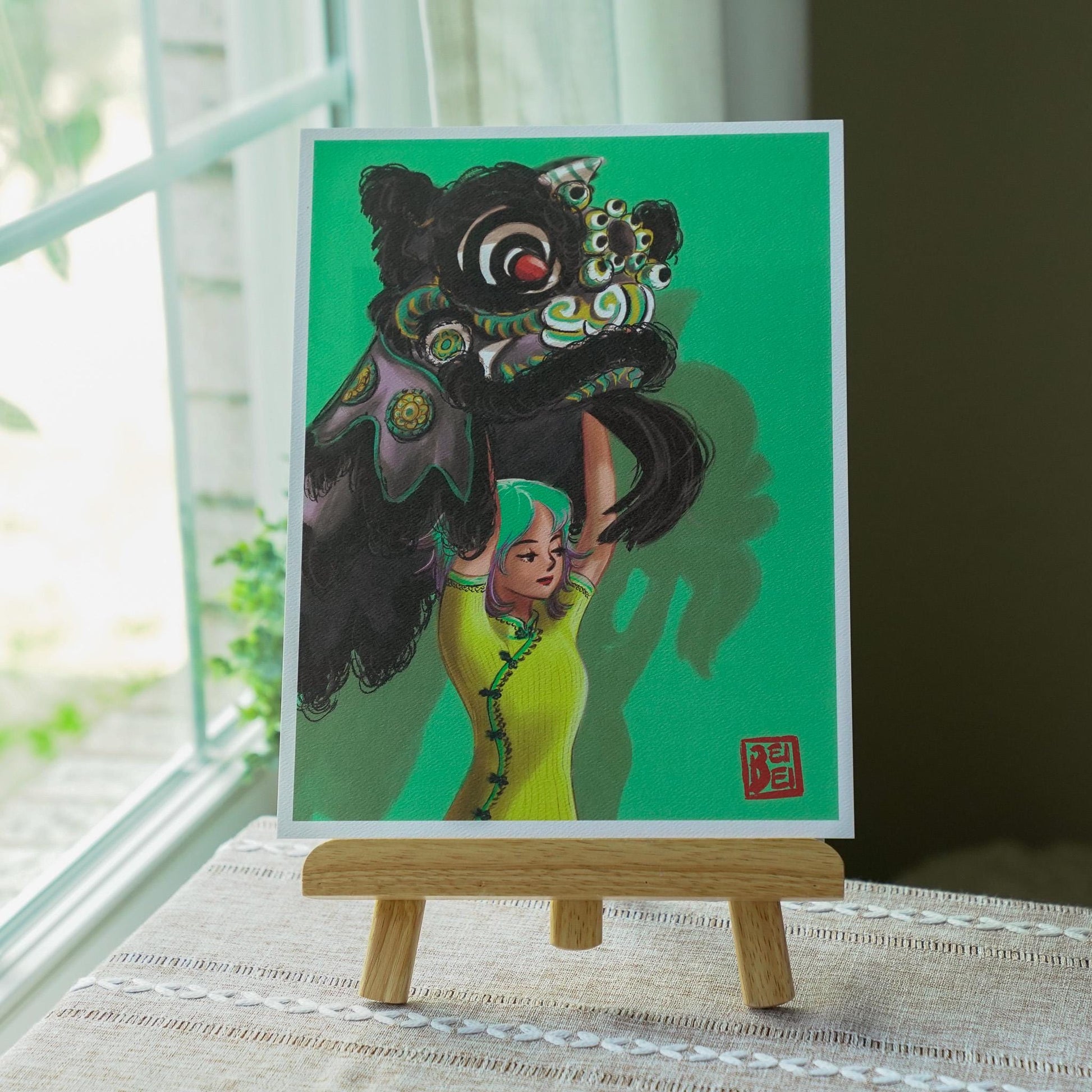 Lion Dance Art Print, Chinese Girl Art Print, Asian Girl Art, Awakening Lion Illustration, Asian Chinese Lunar New Year Wall Art