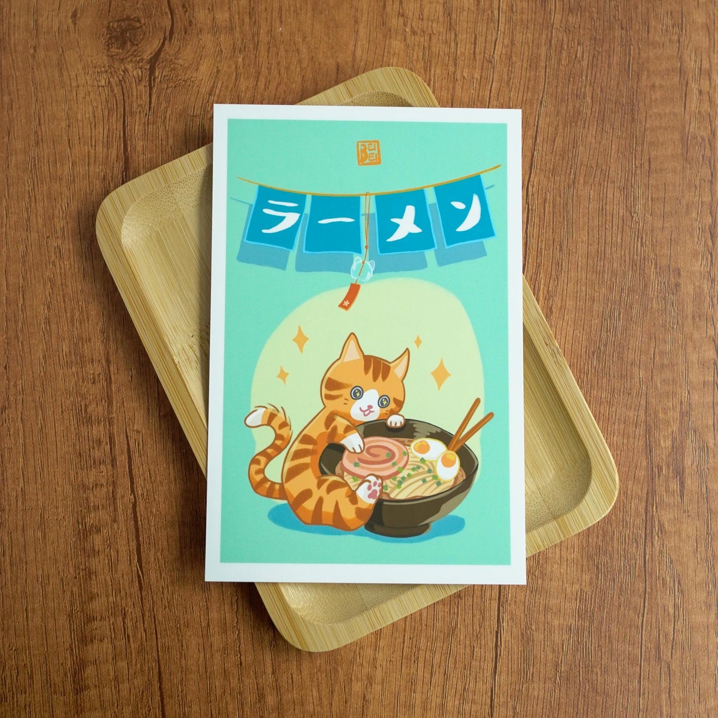 Ramen Cat Postcard - Adorable Cat Holding Noodle Bowl Art Print