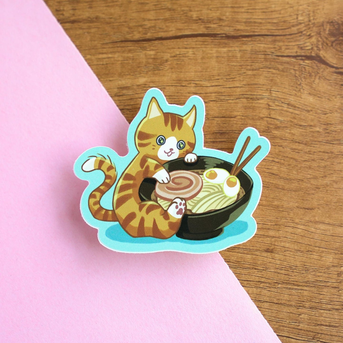 Cute Ramen Cat Sticker - Orange Tabby Kitty Hugging a Bowl of Noodles