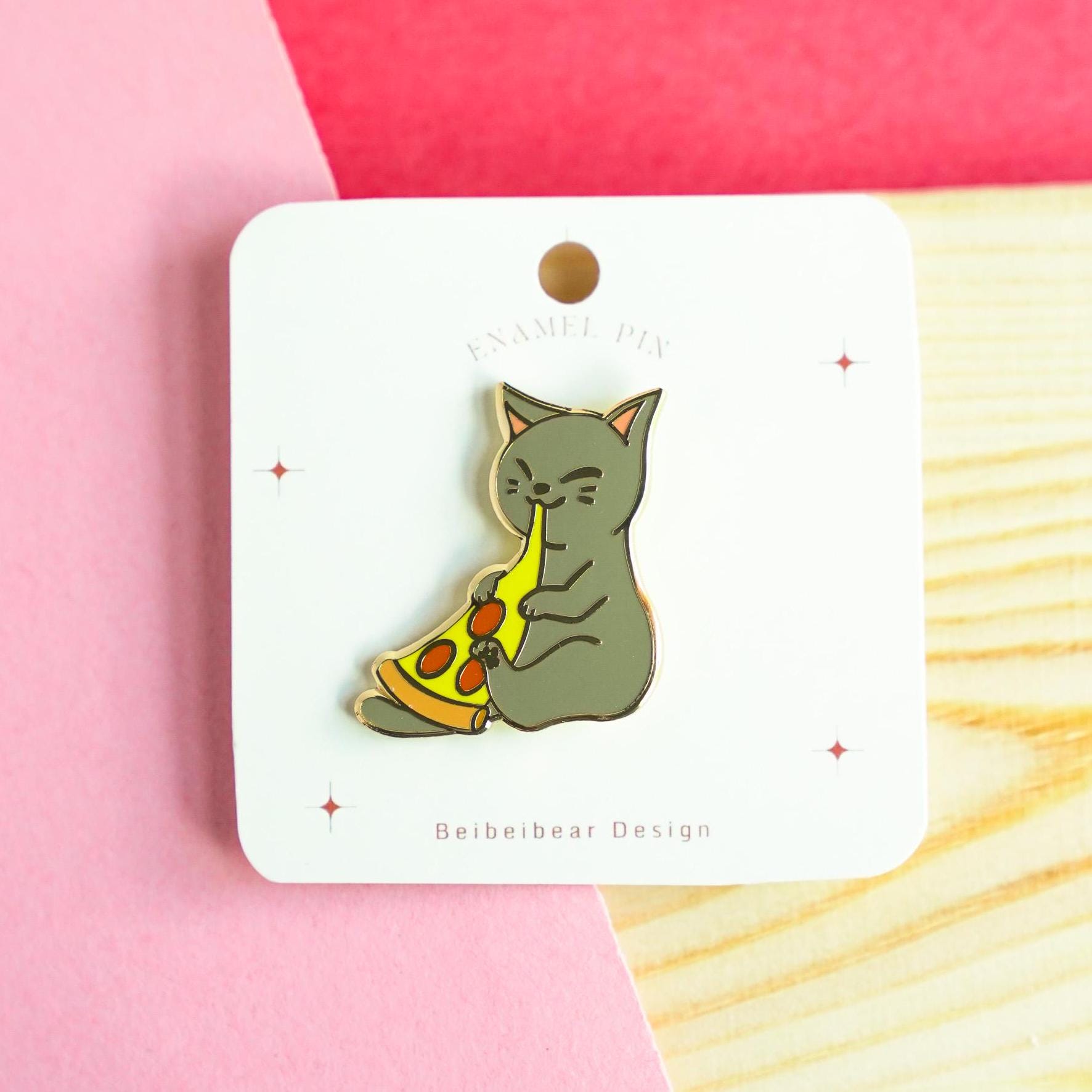 Pizza Cat Pin, Hard Enamel Pin of a Cute Cat Eating Pizza