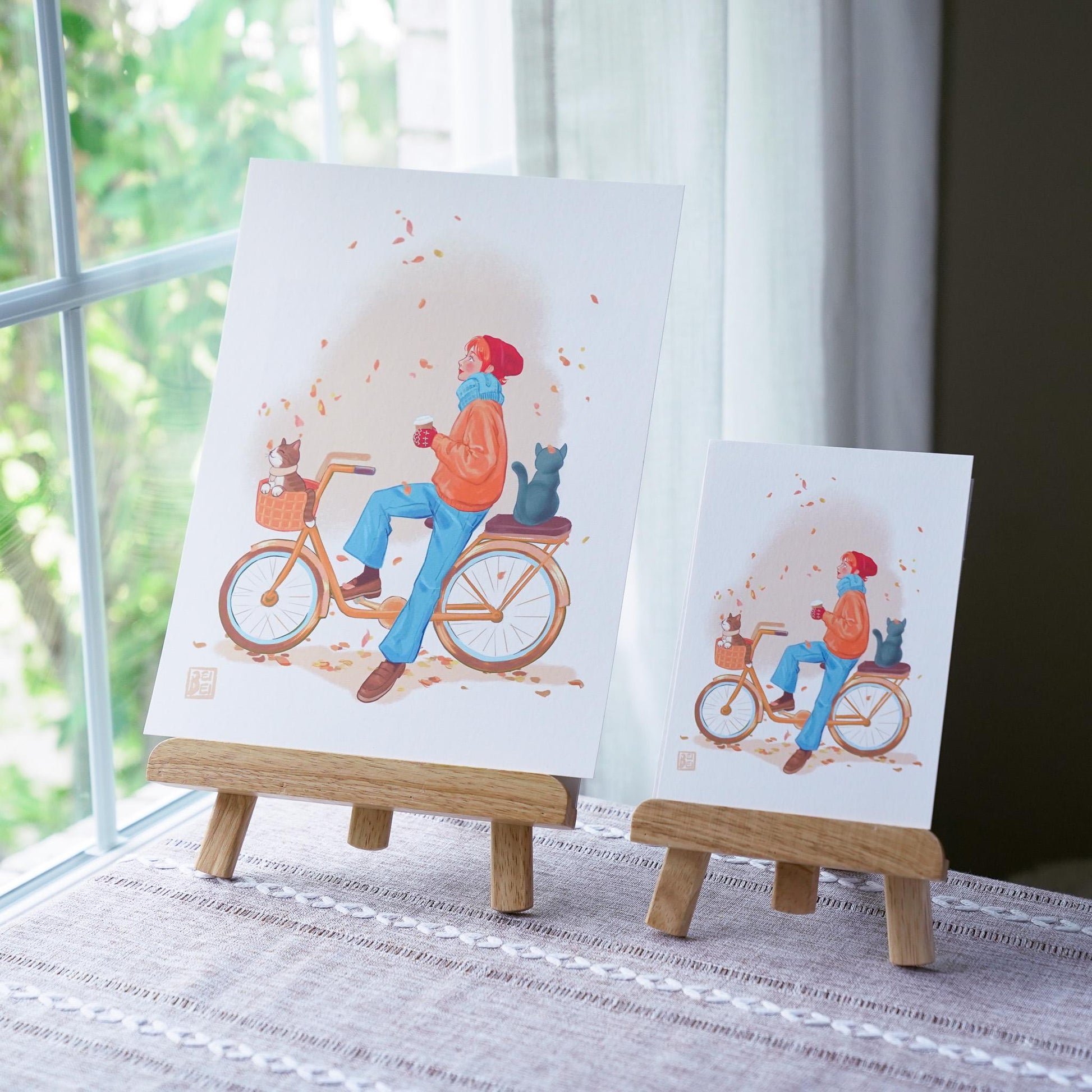 Cats on Bicycle Print. Autumn Cats and Coffee Print. Autumn Vibe Illustration. Orange Autumn Girl Art.