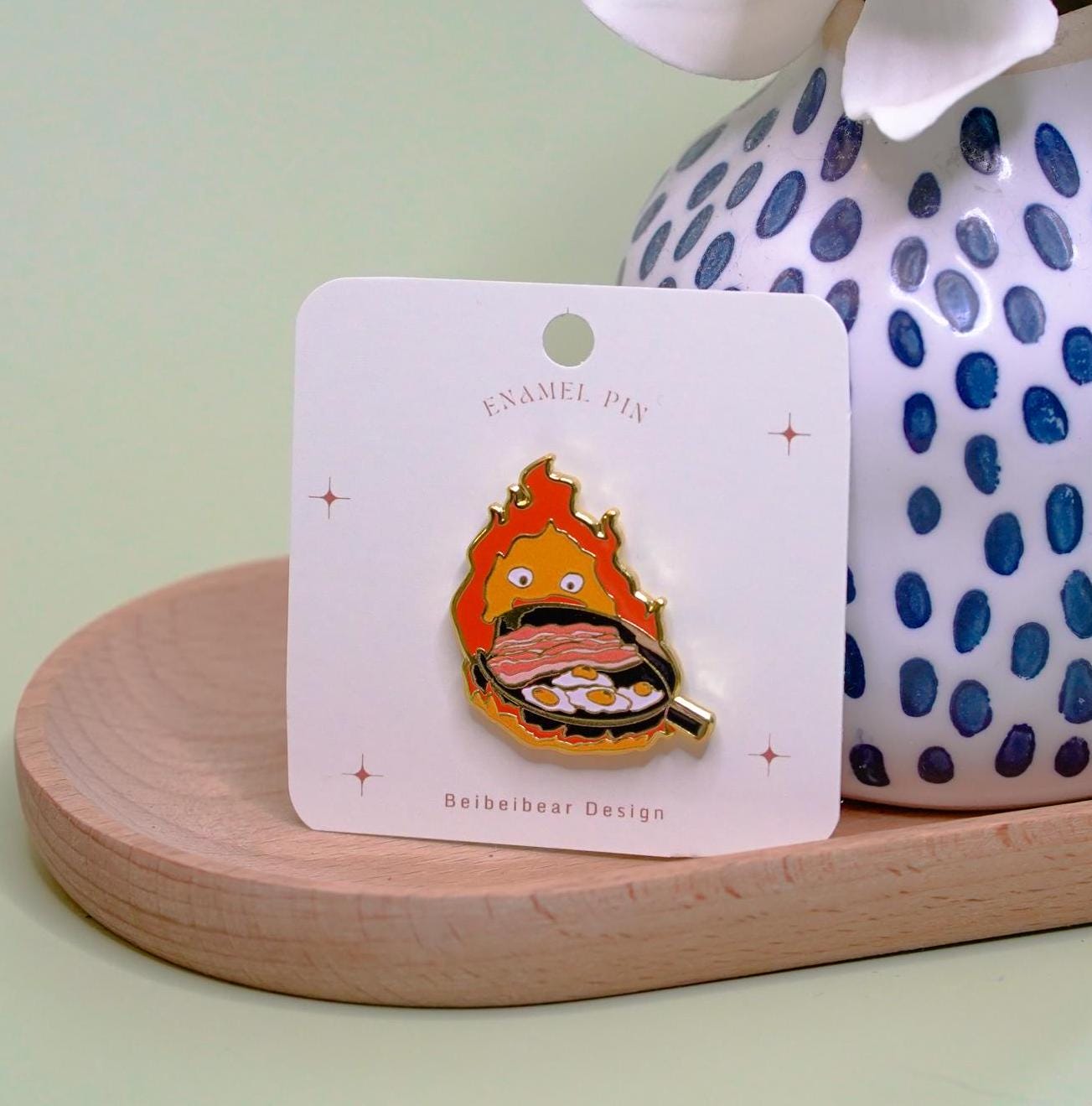 Calcifer Pin, Howl's Moving Castle Accessory, Calcifer with Bacon Egg Pan Hard Enamel Pin